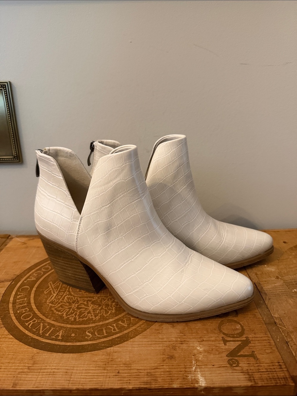 Michael Croc-Embossed Ankle Booties with Block Heel - Cream